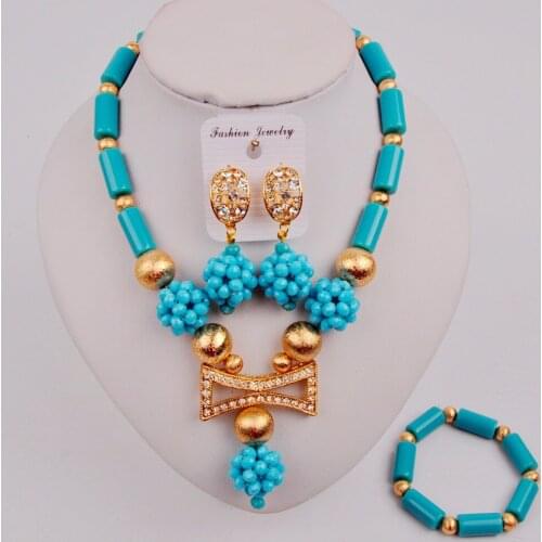 Lovely Aqua Blue Fashion African Jewelry Set Nigerian Wedding Beads Necklace SJZQ5-2