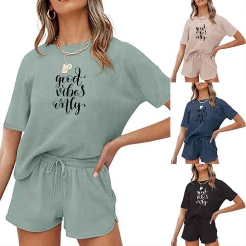 Simple Sleepwear Summer Pyjamas Women Letter Pajamas Set Lounge Wear T-shits New Fashion Women Clothing Sets Summer Round Neck