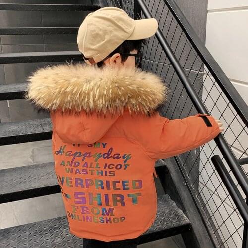 Baby Boys Winter Warm Coat 80% Down Jackets Big Fur Hoodies Letter Print Pockets Children Winter Outerwear 3 4 5 6 7 8 years