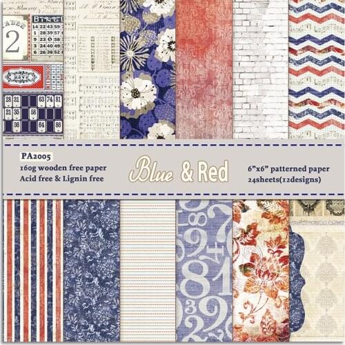 Blue and Red 24 sheet 6"X6" DIY Scrapbooking design patterned paper pack handmade craft paper craft Background pad AlinaCraft