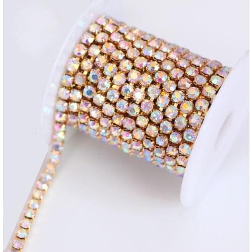 SS6 SS10 SS12 SS16 SS18 Crystal AB Glass Sew On Rhinestone Chain With Gold Base For Clothing Intense Gold Chain B3231