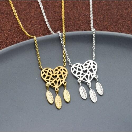 Bohemia Dream catcher Heart Necklace Women Jewelry Stainless Steel Feather Dangling Feather Choker Necklace wumen kid Gift