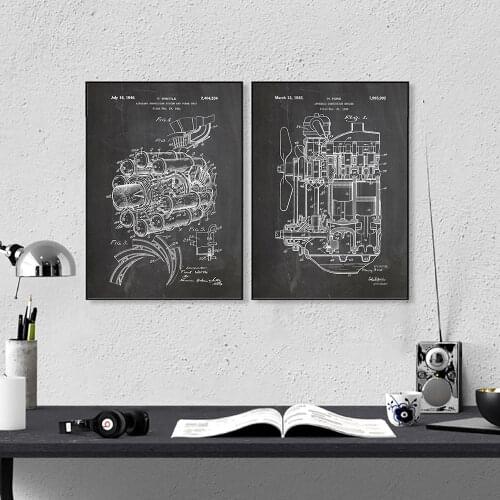 Vintage Engine Motor Print Painting Aviation Artwork Train Car Patent Canvas Art Poster Wall Pictures For Aviation Home Decor