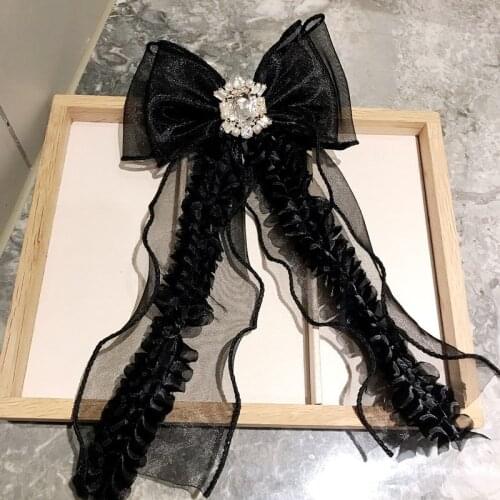 Korean Fashion Black Lace Long Bow Tie Brooches for Women Ribbon Crystal Collor Pin Luxulry Jewelry Brooch Hair Accessories