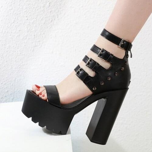 Women Gothic Shoes High Block Heel Hollow Out Sandals Gladiator Clubwear Shoes Platform Fashion Buckle Ankle Strap Drop