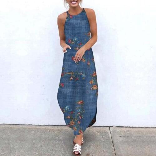 Women Summer Dress O-neck Floral Printing Sundress Cotton Linen Sleeveless Tank Dress Plus Size Beach Long Dresses Robe Femme