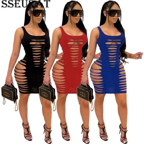 SSEURAT Women Cut Out Hole Bodycon Dress Sexy Night Party Clubwear Sleeveless Bandage Pencil Dresses