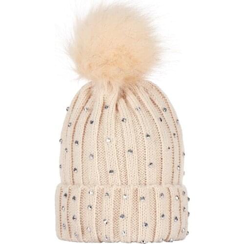 Winter Kids Pom Pom Beanie Hat Boys Girls Knitted Cap For Baby Children Sequins Diamond Warm Knit Hats With Faux Fur Ball