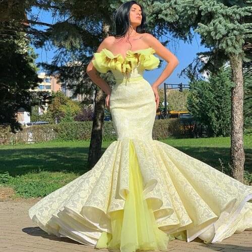 Elegant Yellow Lace Mermaid Prom Dresses Strapless Long Sleeves Handmade Flower Evening Dress Women Pageant Gowns