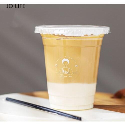 JO LIFE 50pcs Disposable Milk Tea Transparent Plastic Cup With Lid Coffee Beverage Juice Cups Takeaway Drinking Package