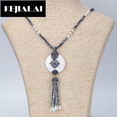 KEJIALAI Hot Sale Bohemian Style Long Tassel Necklace Silver Color Glass Crystal Beads Tassel Round Shell Charm Hang Pearl Beads