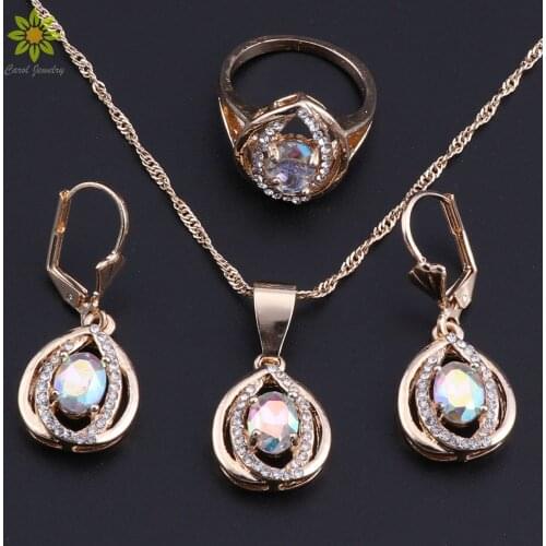 Fashion Gold Color Crystal Pendant Necklace/Earrings/Ring Women Stars Shining Bride Wedding Jewelry Sets