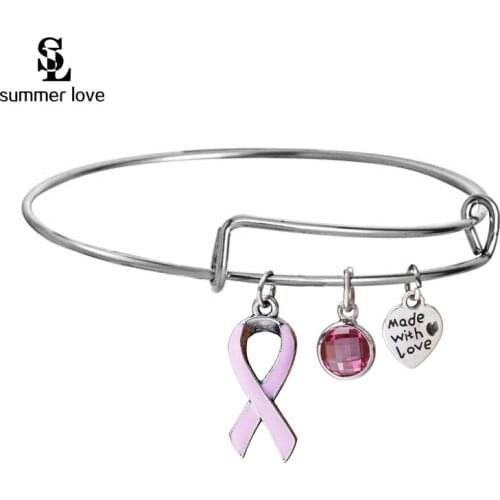 Fashion Pink Ribbon Breast Cancer Charm Bracelets Expandable Wire Cute Bracelet Bangle Gift For Women Care Survivor Jewelry 2018