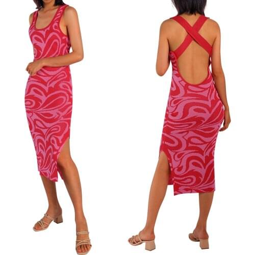 2021 New Womens Sleeveless Maxi Dress, Sexy Damask Print Criss Cross Backless Split Hem Knit Tank Dress