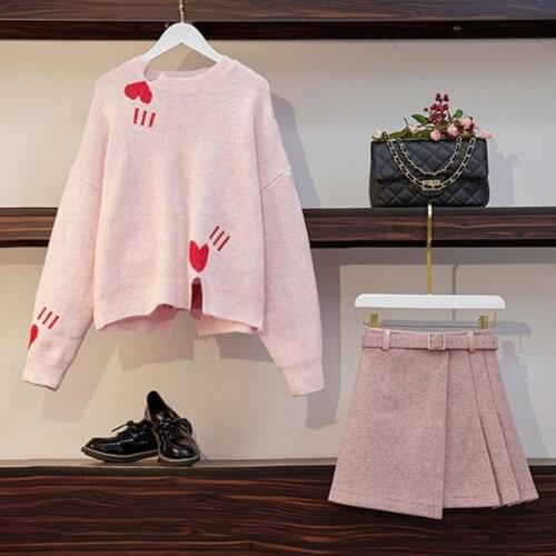 New 2019 Fall Winter Pink Sweater Woolen Skirts 2 piece Set Womens Playful Love Heart Loose Sweater With Belt A-line Skirt Suit