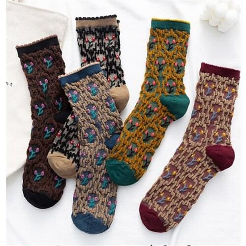 Autumn Winter Japanese Harajuku Woman Socks Cotton with Flowers Funny Socks Women Kawaii Girls Calcetines Mujer