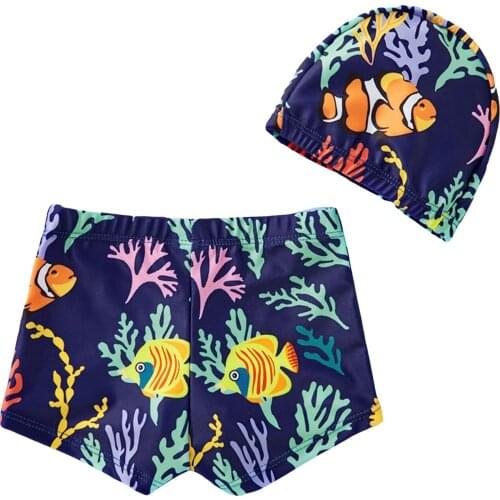 2021 Kids Boys Plant Fish Print High Waist Swimming Trunks+ Swimming Cap