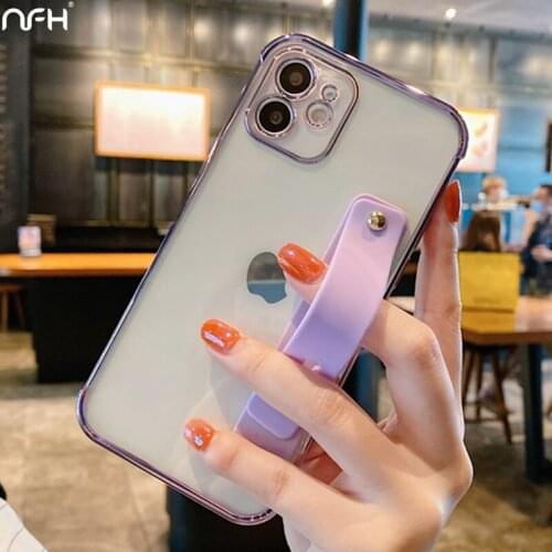 For iPhone 11 Plated Transparent Wrist Strap Case For iPhone 12 Pro 12Mini XR Xs Max SE2 7 8 Plus Soft Silicone Cover With Stand