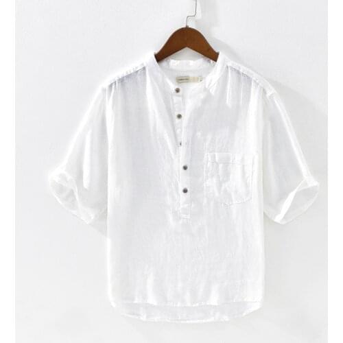 Pure Linen Short Sleeve Shirts Men Single Pocket Casual Fashion White Stand Collar Man Summer Pullover Tops Y2498
