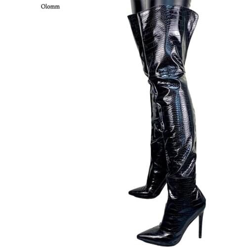 Olomm Fashion Women Winter Thigh High Boots Back Zipper Snake Pattern Stiletto Heels Pointed Toe Black Shoes Plus US Size 5-15