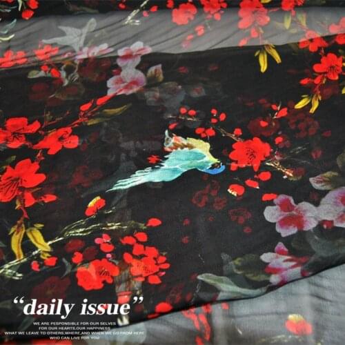 LEO&LIN Large Wide Black Red Flower Bird Silk Georgette Chiffon Thin Transparent Skirt Shirt Fabric Fabric DIY Patchwork Tissue