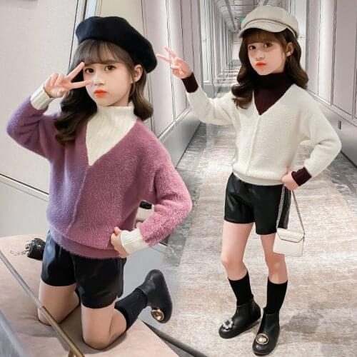 Girls Sweater Kids Babys Coat Outwear 2021 Splicing Plus Velvet Thicken Warm Winter Knitting Tops Cotton Childrens Clothing