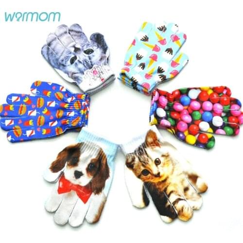 Warmom Kids 3D Cartoon Animal Printing Gloves Children Baby Full Fingers Knitted Mittens Cute Winter Warm Gloves For 7-11 Years