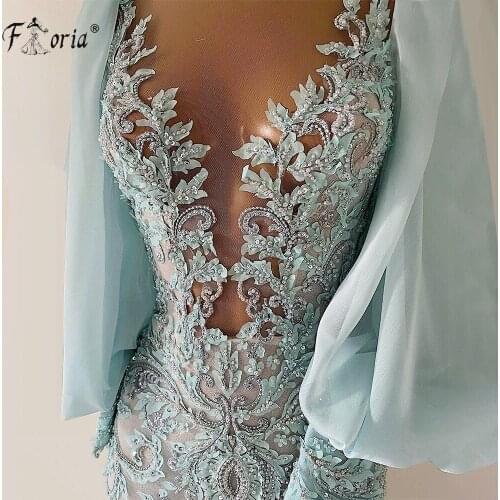 Mint Green Lantern Sleeves Mermaid Evening Dresses Elegant See Through Lace Appliques Formal Prom Party Gown Robe De Soiree