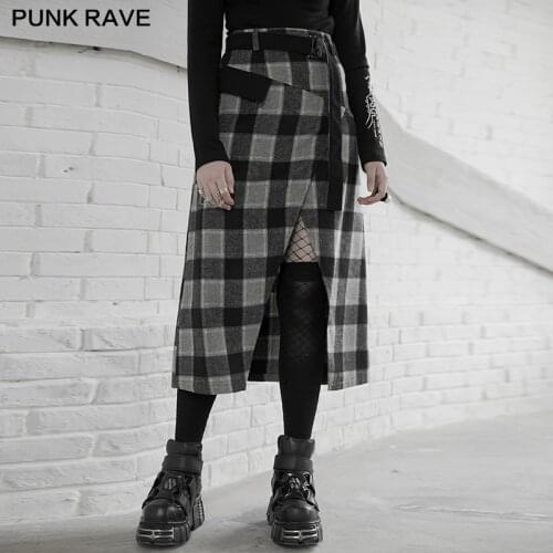 PUNK RAVE Womens Punk Style High Waist A Shape Mid-length Skirt Daily Casual Plaid Woolen Soft Warm Girl Skirts Spring Autumn