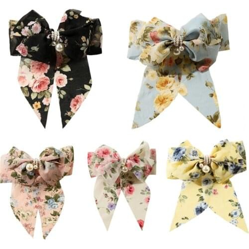 Girls Big Bowknot Hair Clip Pearl Bows Hair BArrettes Floral Printed Hair Clips Elegant French Style Hair Ornaments G5AE