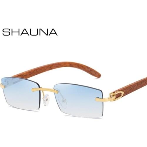SHAUNA Ins Popular Wood Grain PC Legs Small Rectangle Sunglasses Fashion Rimless Gradient Shades UV400