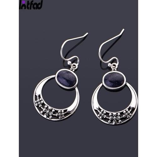 925 Sterling Silver Drop Earring 6x8MM Natural Blue Sandstone Pendant Earrings for Women Vintage Flower Fashion Jewelry