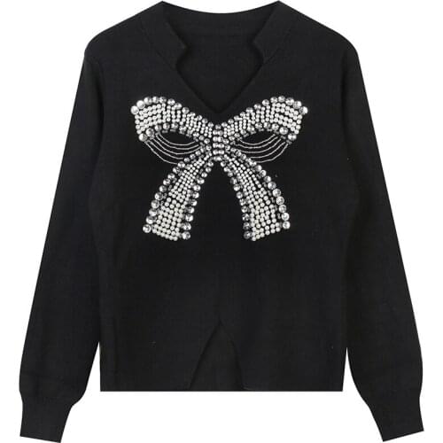 Women Sweater Pullovers V-Neck Knit Tops Long Sleeve Bow Sequin Beading Sexy V-Neck Jumper Jersey Vintage Japanese Korean Style