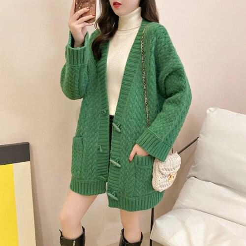 Fashion Twist Sweater Womens V-neck Ruffled Thickening Design Spring Korean Loose Plus Size Outside Knit Cardigan Sweater Z638