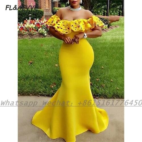 Yellow Evening Dress Long Mermaid 2021 Off-The-Shoulder Appliques Elastic Satin Floor Length Black Girls Evening Gown for Women