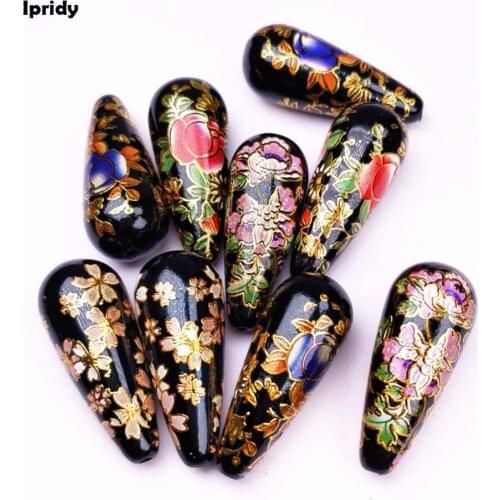 10 Pcs/lot 13X33mm Black Japan Painting Vintage Japanese Colored Drawing Beads Drop the bottom of color Flower Pattern Opaque