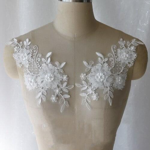 2Pair/4pieces Beaded Handmade DIY Lace on Flower Applique Patch Wedding Decoration Materials RS1768