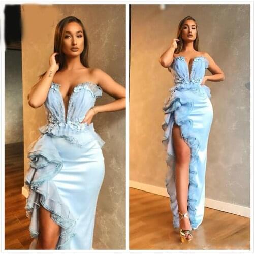 2020 Arabic Aso Ebi Sky Blue Evening Dress Lace Beaded Ruffled High Split Prom Dresses Long Sweetheart Formal Party Gowns