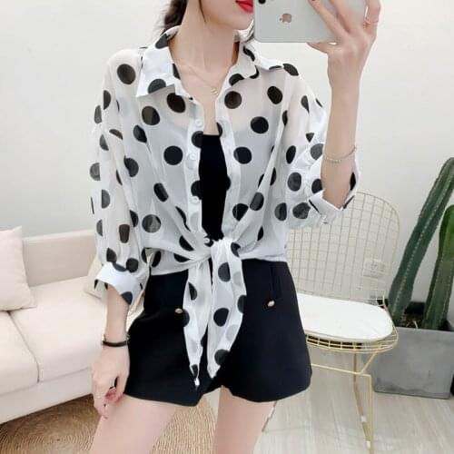 #8262 Chiffon Shirt Women Polka Dot Printed Shirt Sunscreen Tops Thin Summer See Through Asymmetrical Blouse Shirt Sexy Summer