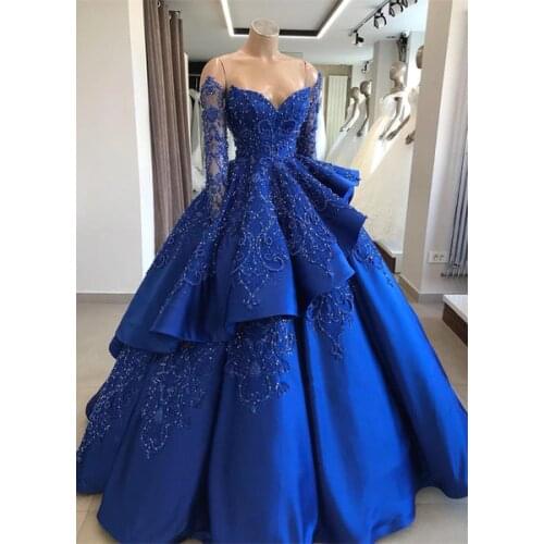 Satin Royal Blue Quinceanera Dresses 2021 Long Sleeves Off The Shoulder Beaded Layered Ball Gown Exquisite Prom Party Princess