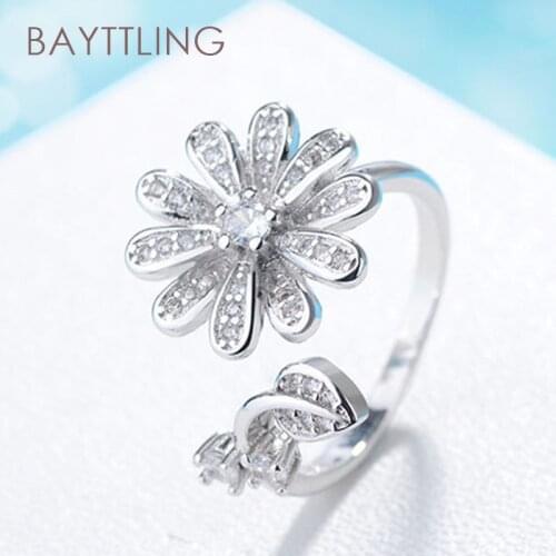 BAYTTLING S925 Sterling Silver Fine Rose Gold/Silver Flower Zircon Open Ring For Woman Fashion Wedding Jewelry Ring Gift