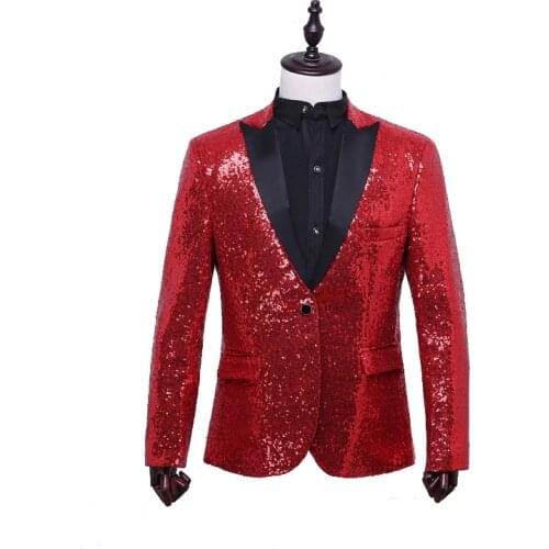 Shiny Red Sequin Glitter Blazer Men Jacket Nightclub Prom Blazers Mens DJ Stage Clothes For Singers Rock and Roll Costumes 3XL