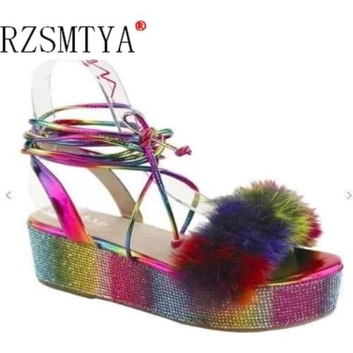 Bling Rhinestone Fashion Thick Sole Sandals Fluffy Fur Women Platform Shoes Summer Sandals Cheap Big Size 43