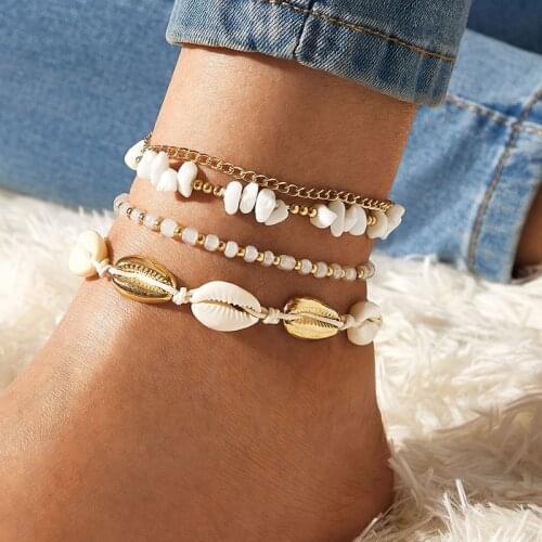 HuaTang 4pc/set Boho White Stone Shell Charms Anklets for Women Multilayers Elastic Pearl Foot Chain 2021 Female Beach Jewelry