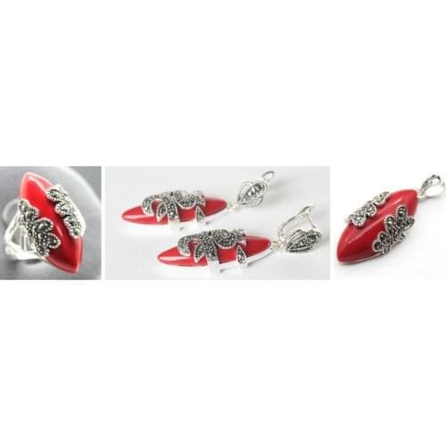 Free Shipping Unique Red Carved Lacquer Marcasite 925 Sterling Silver Ring(#7-10) Earrings & Pandent jewelry sets