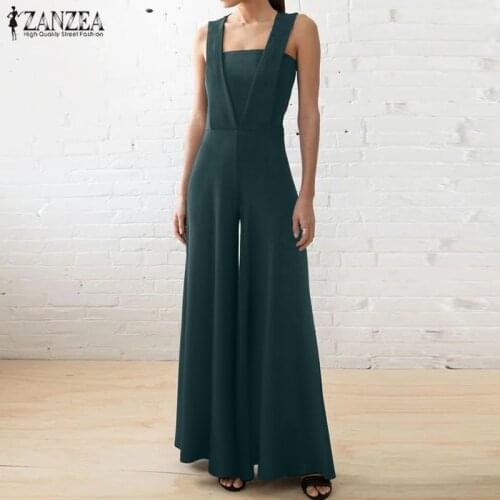 Summer Elegant OL Rompers Women Wide Leg Jumpsuits ZANZEA Fashion Sleeveless Solid Long Playsuits Casual Loose Overalls Oversize