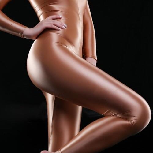 Sexy Shiny Full Body Bodysuit Oil Gloosy Double Zipper Open Crotch Sexy Tight Shaping Catsuit Sexy Tight Rompers Womens Jumpsuit