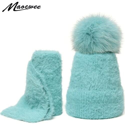 Hat Scarf Set for Child Adult Winter Fox Pompom Beanie Hat Cap With Scarf Girl Women Solid Soft Crochet Rabbit Fur Scarf Cap
