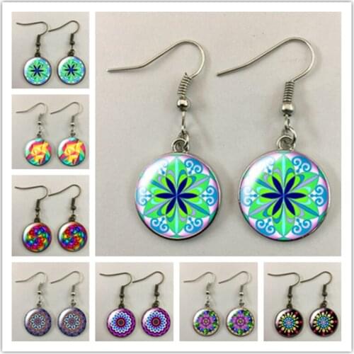 Colorful Pattern Retro Rotating Flower Round Glass Cabochon Earrings Ladies Fashion Earrings Small Jewelry Gift Earring Pendant