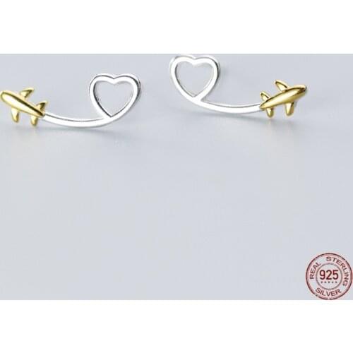 LKO 925 Sterling Silver Heart Aircraft Stud Earrings Color Separation Cute New Chic Earring For Women Girls Party Jewelry Gifts